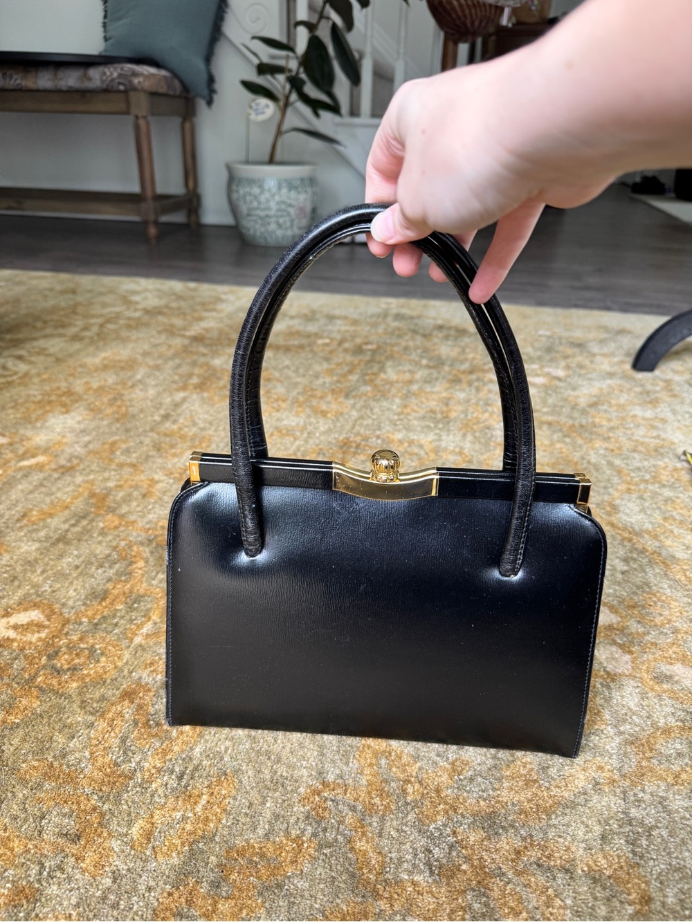 Vintage Classic Black Leather Top-Handle Handbag with Gold Trim Made in Canada